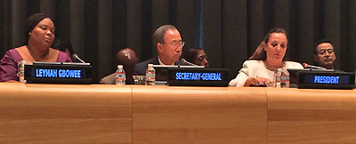 H.E. Ms. Isabelle F. Picco Vice-President of the General Assembly (GA) welcomes the UCP e-learning course with UN Secretary General Ban Ki-moon and  Nobel Peace Prize laureate Leymah Gbowee looking on.