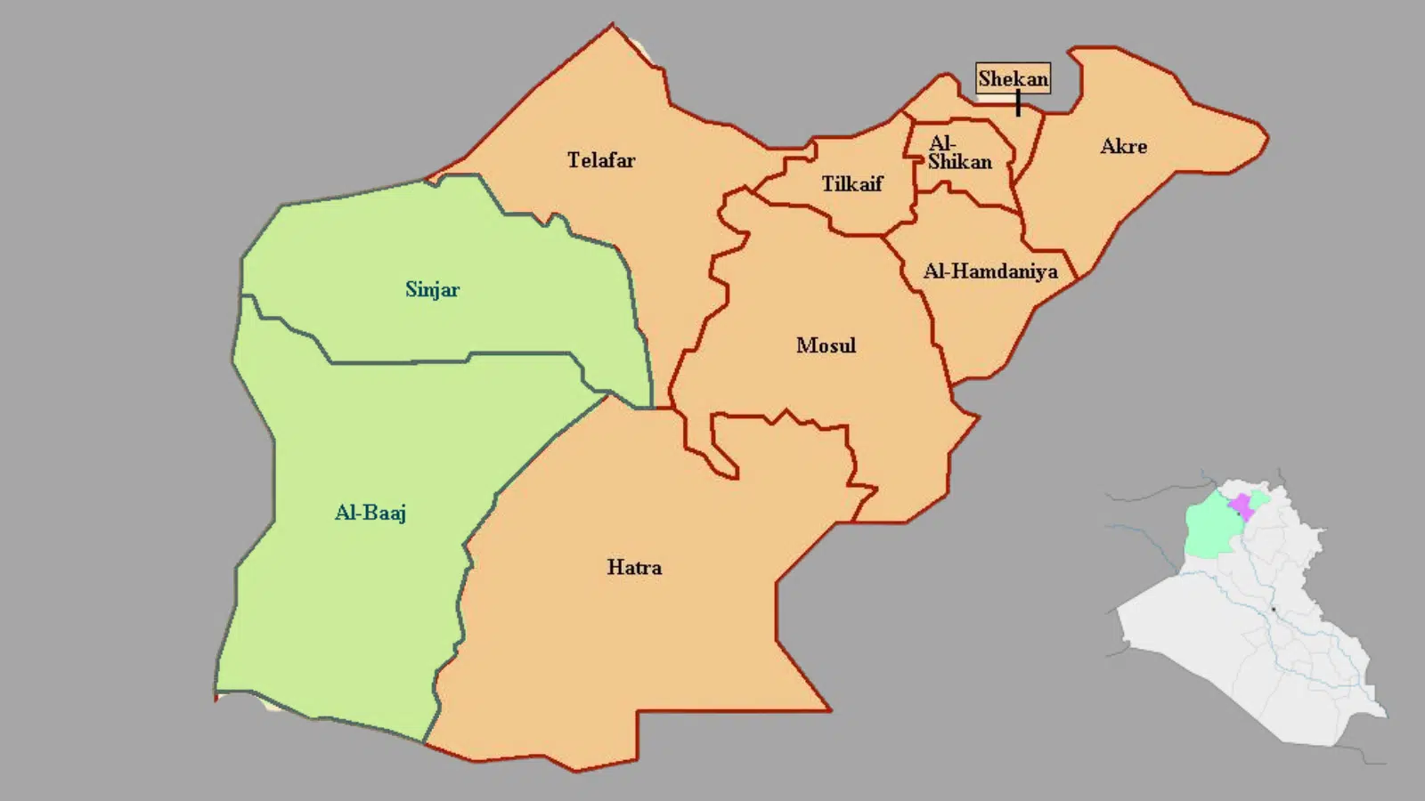 Mapa de los distritos de la Gobernación de Nínive, Sinjar y Baaj resaltados