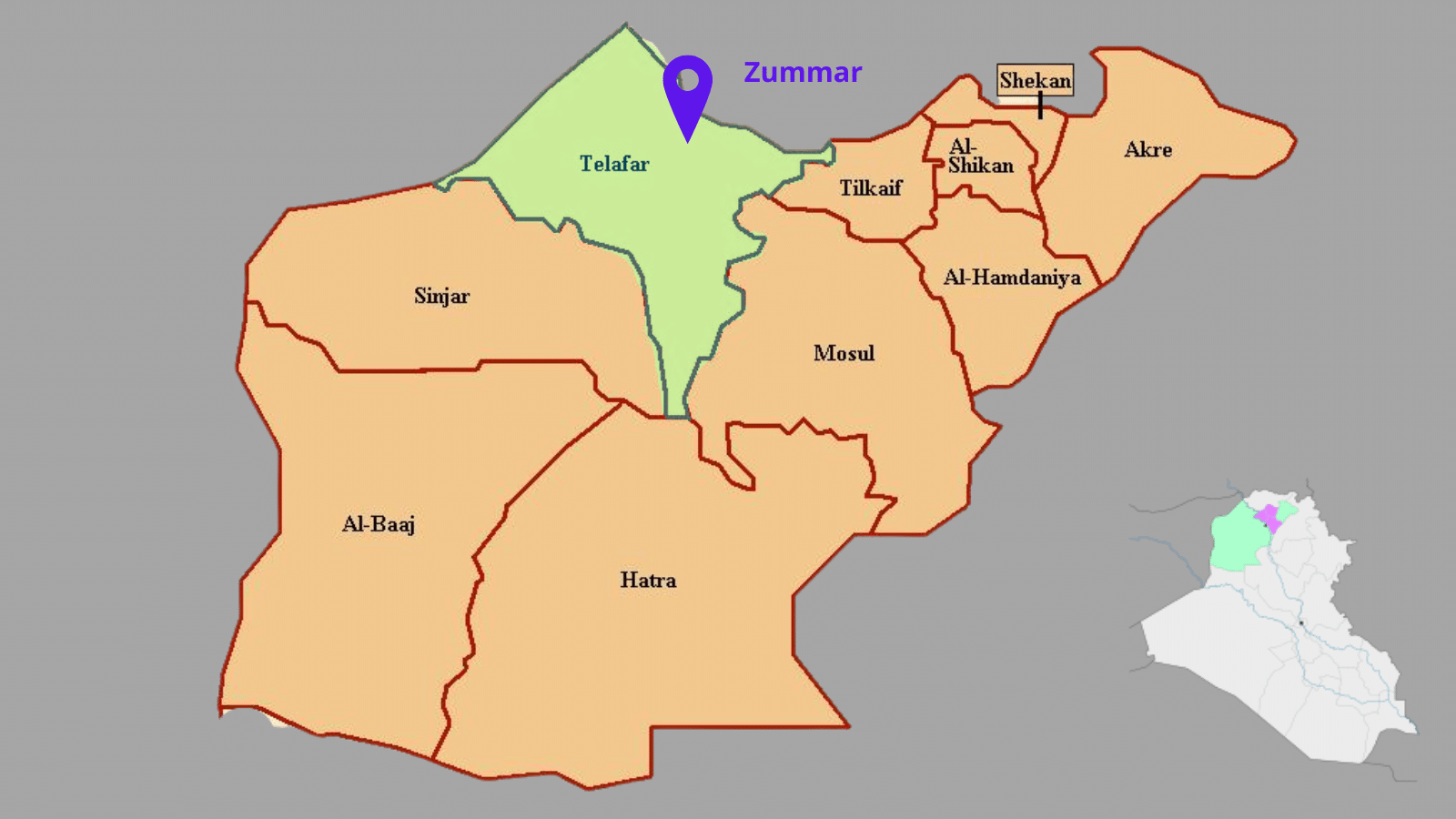 Mapa de los distritos de la Gobernación de Nínive, Telafar resaltado