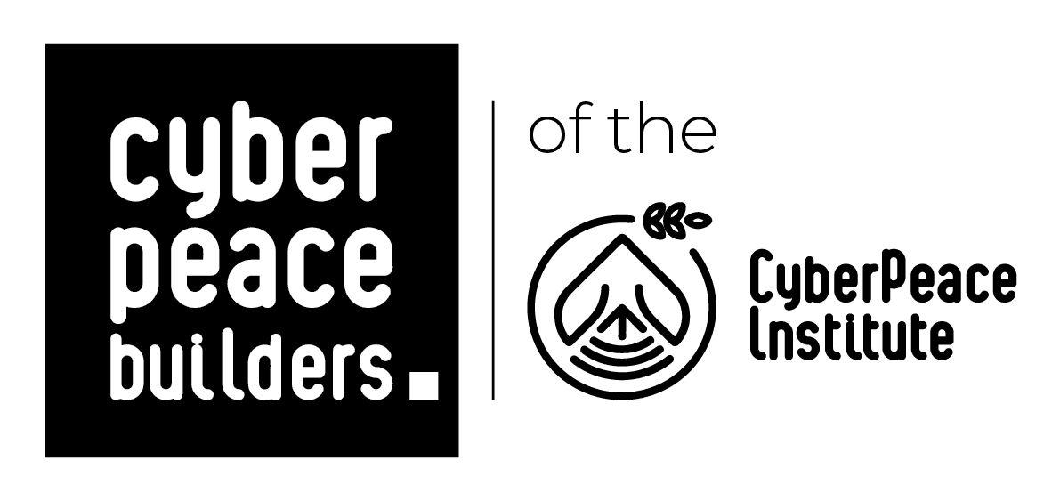 The logo for 'Cyber Peace Builders' with the slogan 'Peace starts here' and a graphic of a person holding a globe, all on a green background.