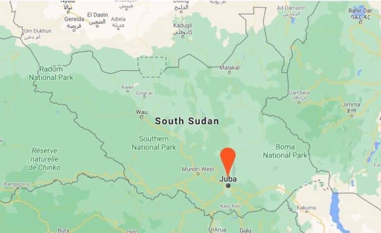 map of South Sudan and marker on Juba