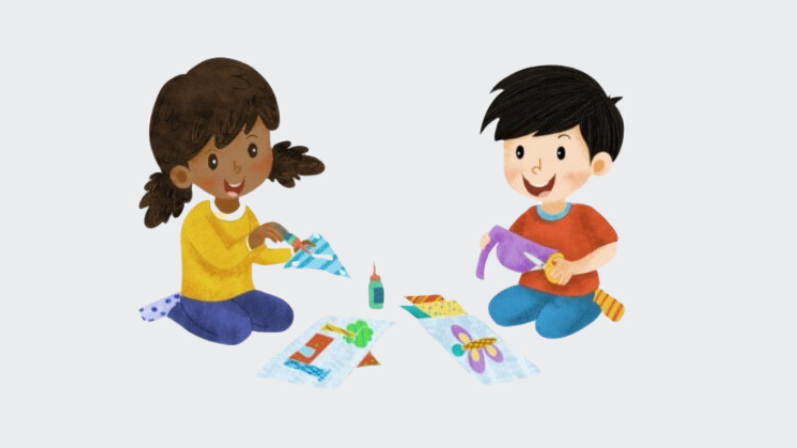 Graphic illustration of two kids sitting on the floor while doing a craft. Illustrated by Filza Amalina.