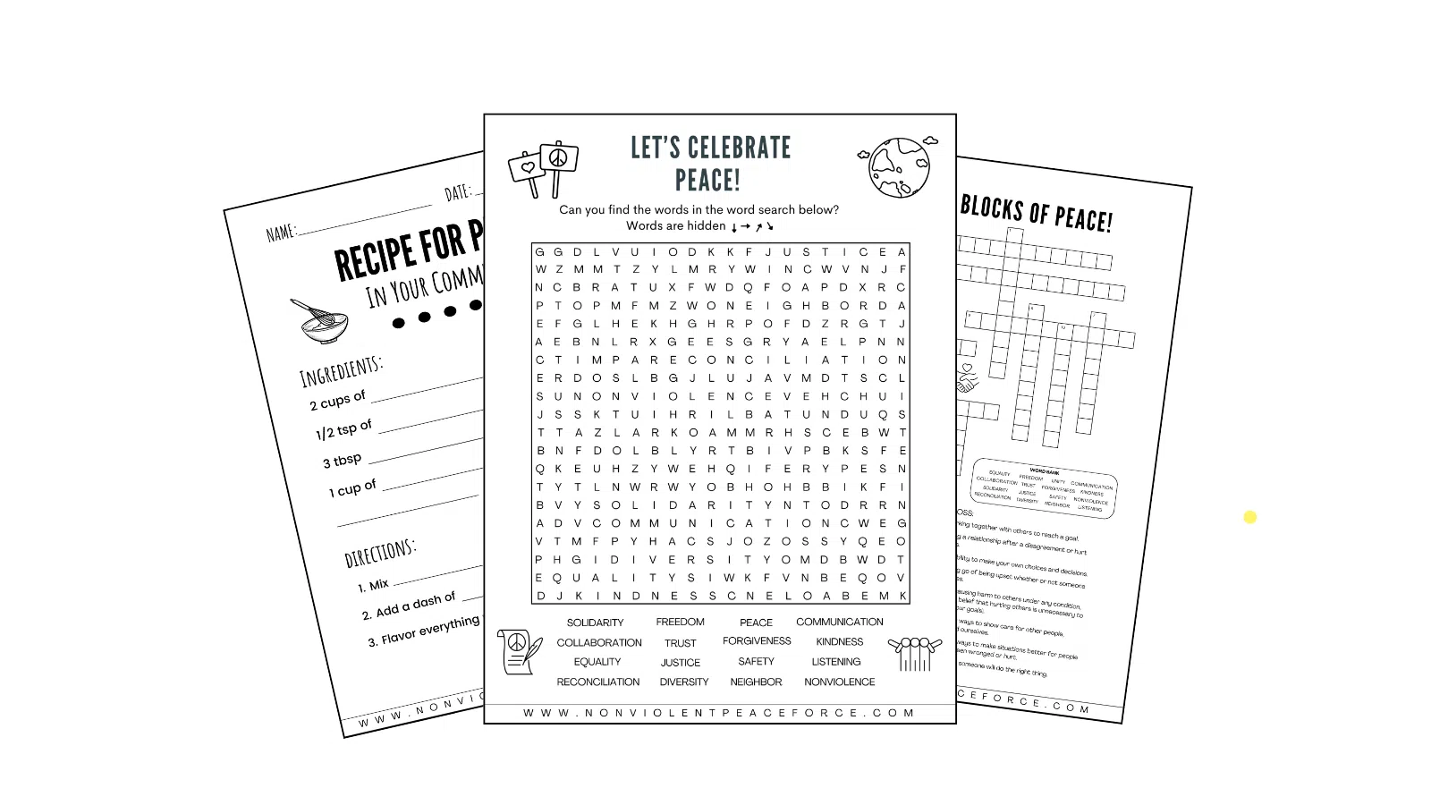 Three peace themed printables next to each other. On the left is a \u0022Recipe for Peace\u0022 activity; in the center is a word search; on the right is a crossword puzzle.