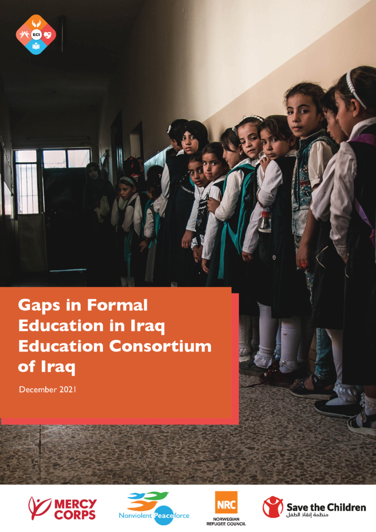 Text: Gap in Formal Education in Iraq - Education Consortium of Iraq. Logos of ECI members: Norwegian Refugee Council, Save the Children, Mercy Corps, and NP. Image of children in a school.