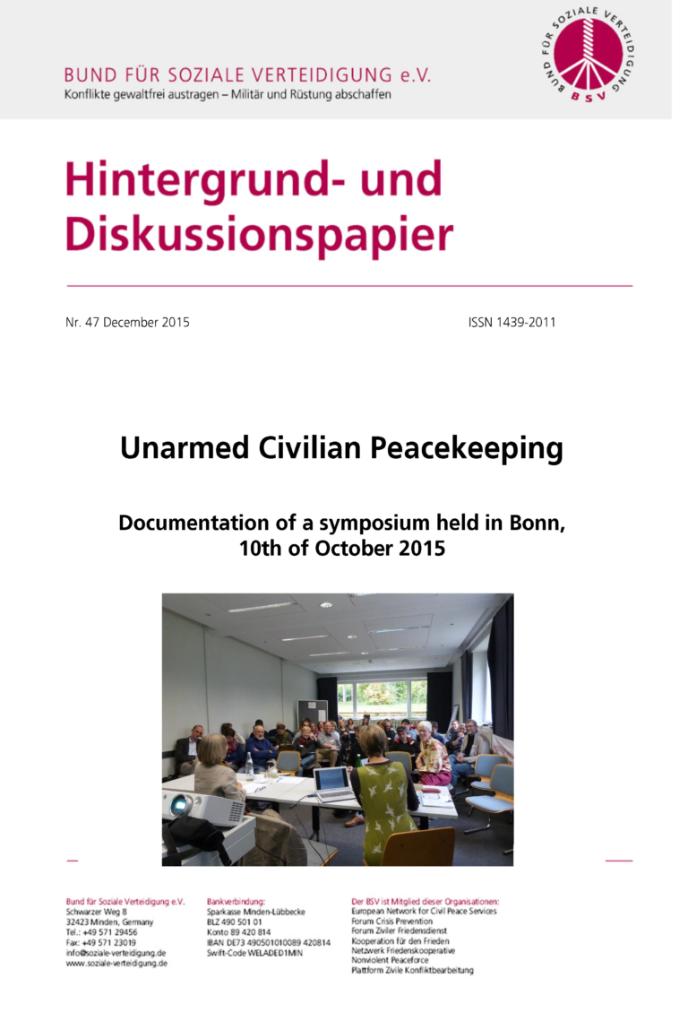 Cover of “Unarmed Civilian Peacekeeping,” Documentation of a symposium, Bonn (2015). Includes image of a conference room with people in it.