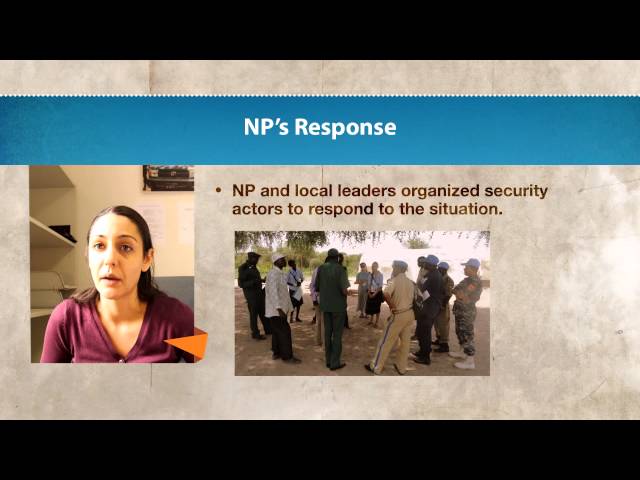 Image still from video presentation. On the left, a woman in a red shirt speaks. "NP's response" and "NP and local leaders organized security actors to respond to the situation" are listed above a photo on the screen of men in military uniform speaking in a circle
