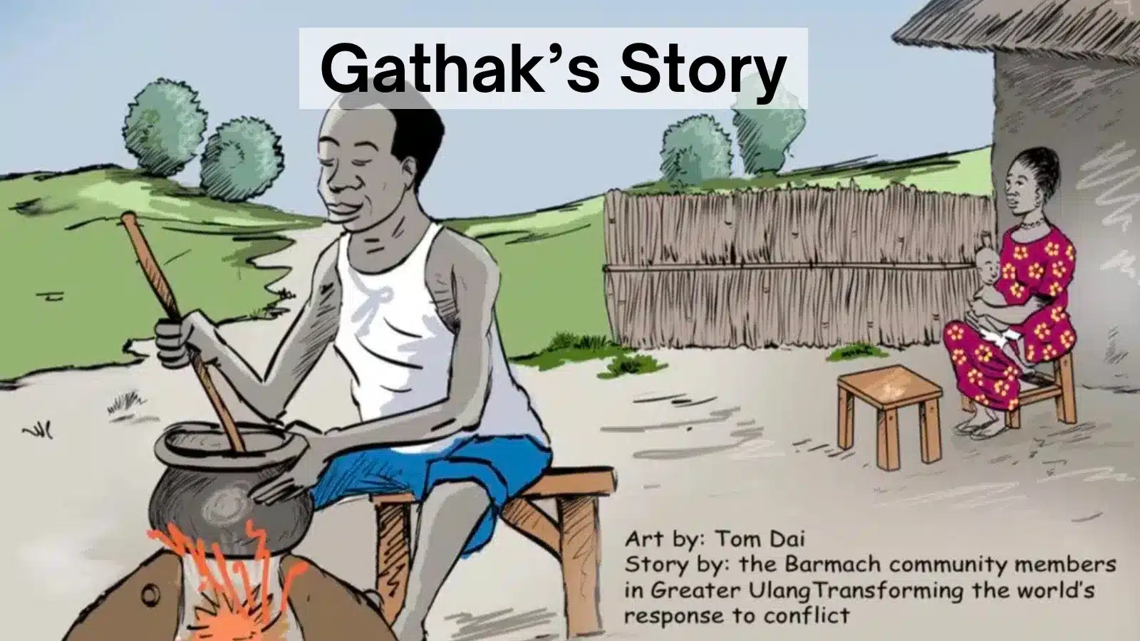 A man sits on a bench, stirring a pot over an open fire outdoors. A woman sits on a separate bench in the background. Text at the top reads, Gathaks Story. Art and story credits are at the bottom.