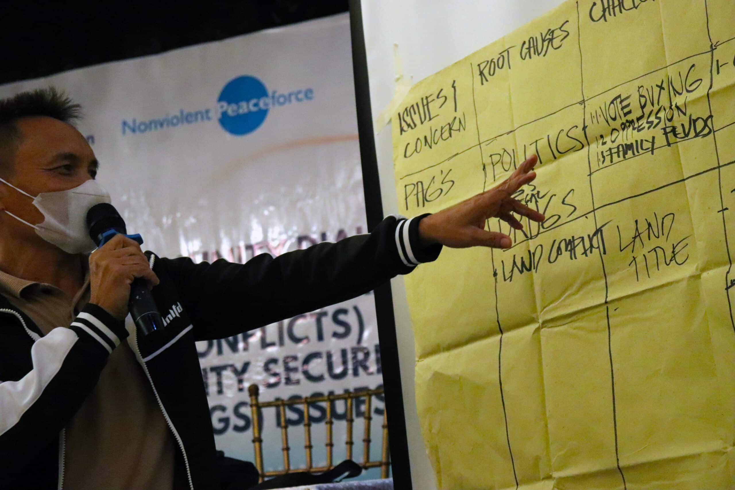 A person wearing a mask speaks into a microphone and points to a large yellow paper on a wall with handwritten notes and categories, during a discussion or workshop. A Nonviolent Peaceforce banner is visible in the background.