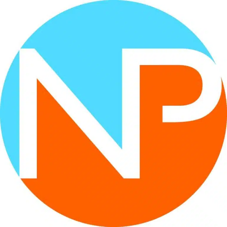A circle logo divided diagonally with light blue on the top left and orange on the bottom right, featuring the white letters N and P overlapping both colored sections.