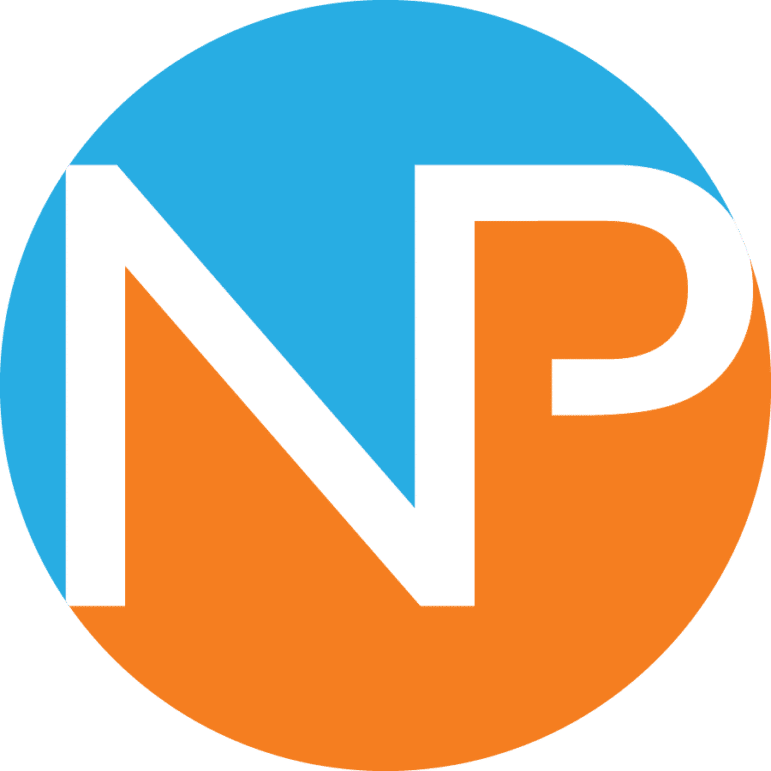 A blue and orange circle divided diagonally, with a large white letter N on the left and a large white letter P on the right, spanning both color sections.