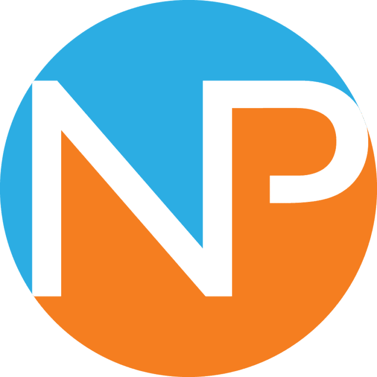 A circle split diagonally, with the top left half blue and the bottom right half orange. The white letters N and P overlap both color sections, forming a bold, modern logo.