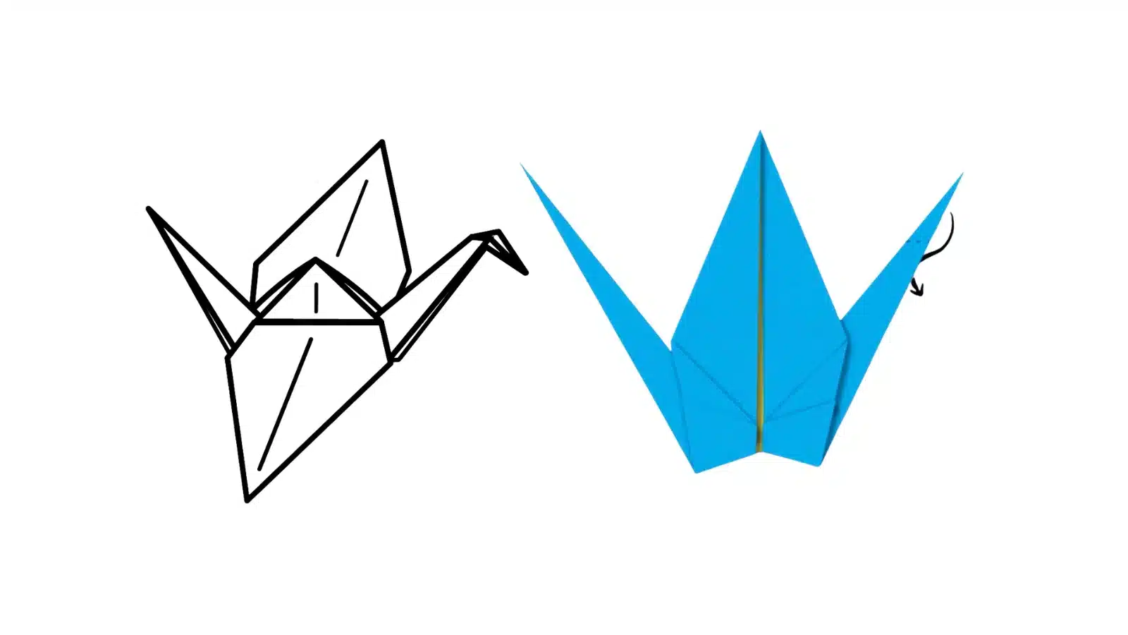 A black and white line drawing of an origami crane is on the left, and a blue paper origami crane is on the right, both set against a plain white background.