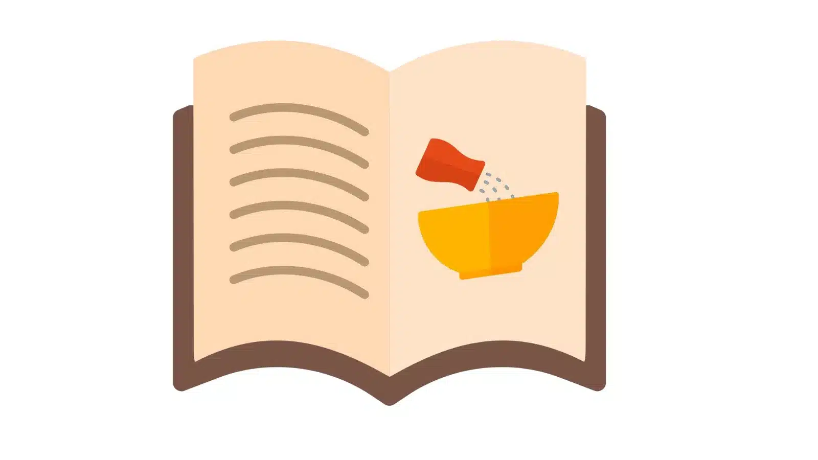 An illustration of an open book with lines on the left page and an image on the right page showing a red container pouring something into a yellow bowl.