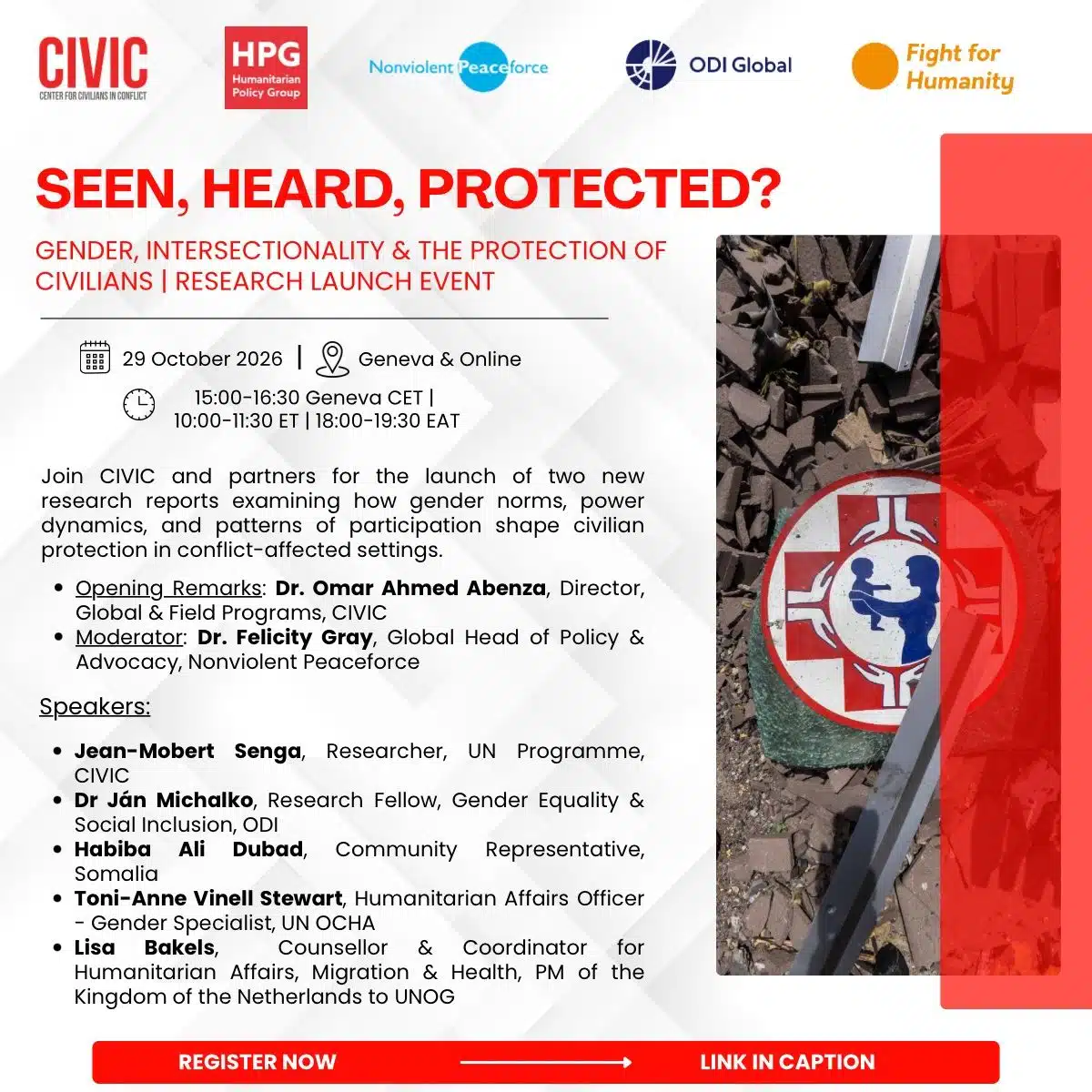Event flyer for Seen, Heard, Protected?, a research launch on gender and civilian protection featuring speaker names, a date of October 29, 2026, and information on how to join in Geneva or online.