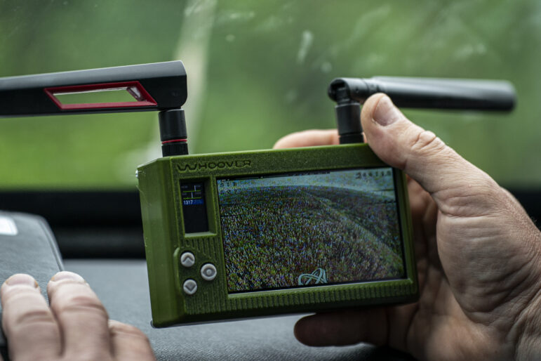close up of a drone detector device held in hand